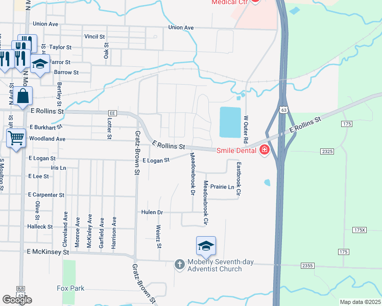 map of restaurants, bars, coffee shops, grocery stores, and more near 1499 E Logan St in Moberly