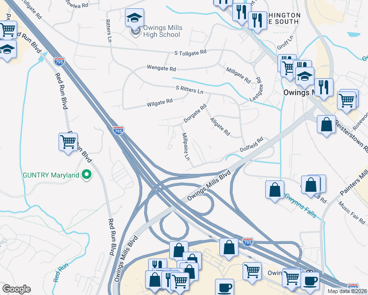 map of restaurants, bars, coffee shops, grocery stores, and more near 3 Millpaint Lane in Owings Mills