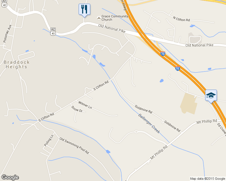 map of restaurants, bars, coffee shops, grocery stores, and more near 6661 South Clifton Road in Frederick