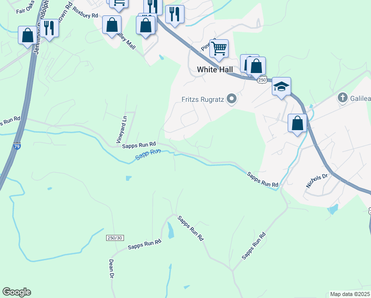 map of restaurants, bars, coffee shops, grocery stores, and more near 434 Sapps Run Road in Fairmont