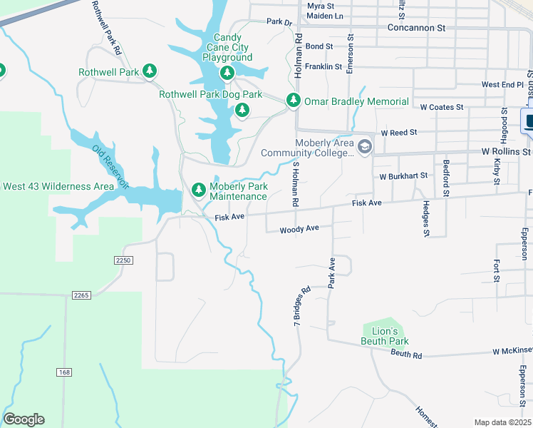map of restaurants, bars, coffee shops, grocery stores, and more near 414 Hill Crest Drive in Moberly