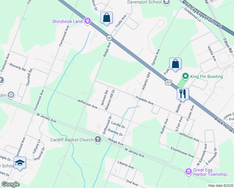 map of restaurants, bars, coffee shops, grocery stores, and more near 107 Suffolk Road in Egg Harbor Township