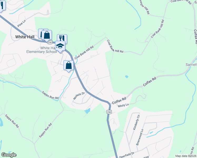 map of restaurants, bars, coffee shops, grocery stores, and more near 98 Southgate Drive in Fairmont