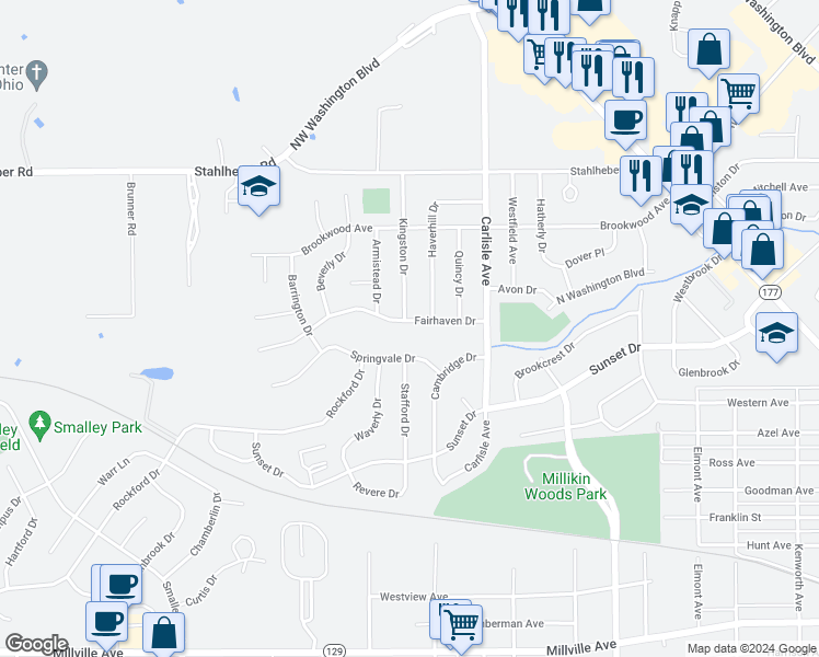 map of restaurants, bars, coffee shops, grocery stores, and more near 525 Fairhaven Drive in Hamilton