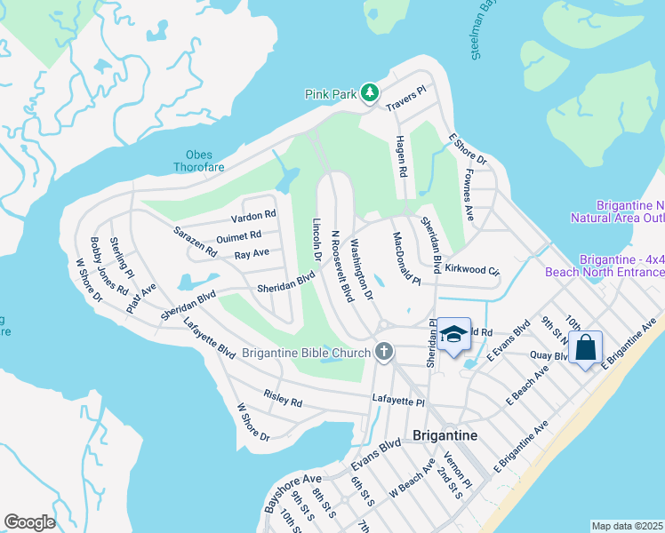 map of restaurants, bars, coffee shops, grocery stores, and more near 1100 Sheridan Boulevard in Brigantine