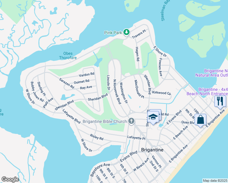 map of restaurants, bars, coffee shops, grocery stores, and more near 1100 Sheridan Boulevard in Brigantine