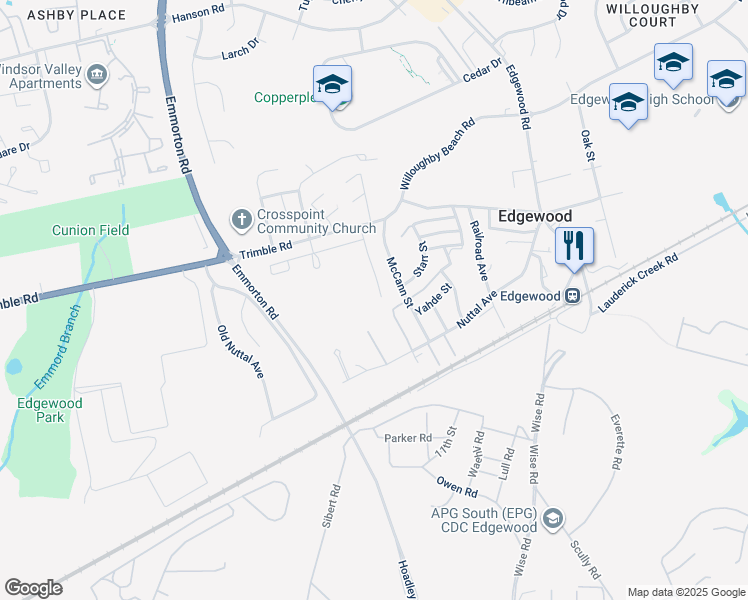 map of restaurants, bars, coffee shops, grocery stores, and more near 302 Purple Place in Joppatowne