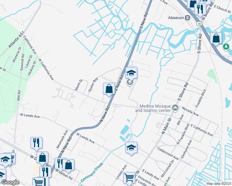 map of restaurants, bars, coffee shops, grocery stores, and more near 720 South New Road in Absecon