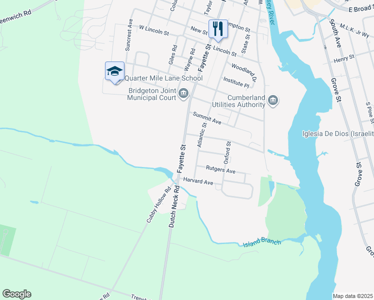 map of restaurants, bars, coffee shops, grocery stores, and more near 458 Atlantic Street in Bridgeton