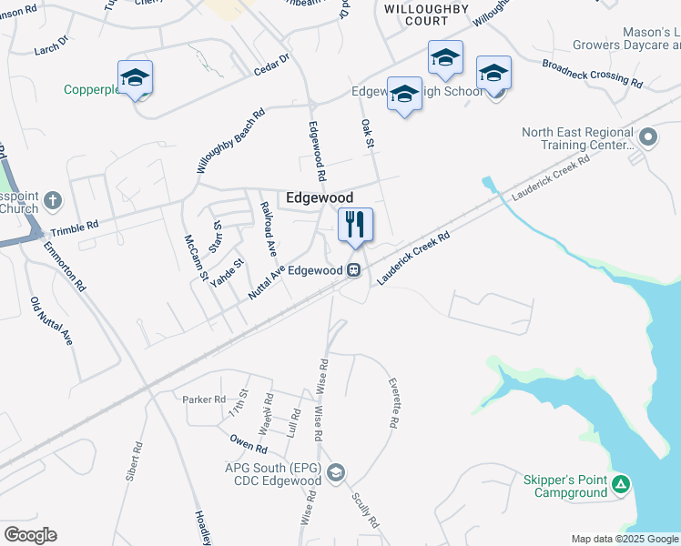 map of restaurants, bars, coffee shops, grocery stores, and more near 2118 Old Edgewood Road in Edgewood