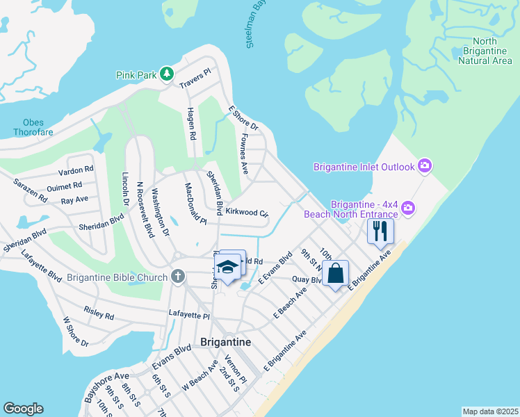 map of restaurants, bars, coffee shops, grocery stores, and more near 27 Kirkwood Circle in Brigantine