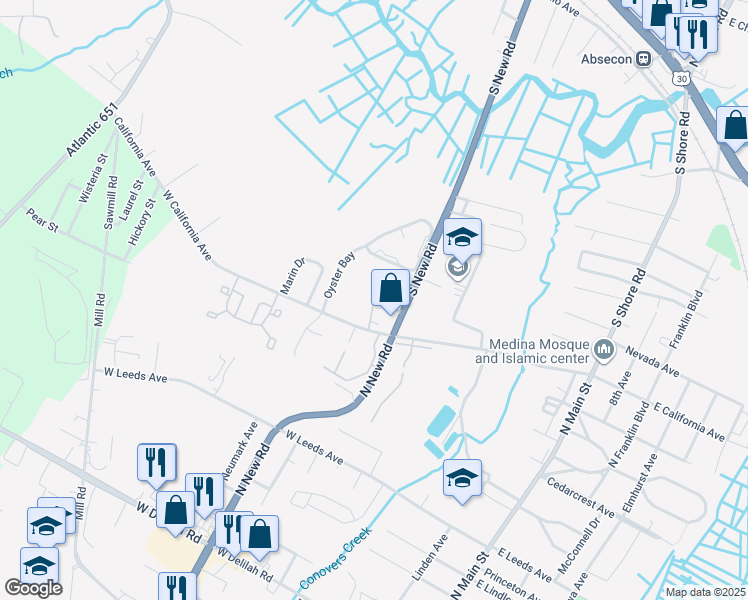 map of restaurants, bars, coffee shops, grocery stores, and more near 705 South New Road in Absecon