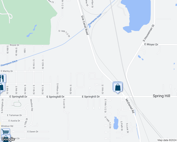 map of restaurants, bars, coffee shops, grocery stores, and more near 1759 East Morgan Drive in Terre Haute