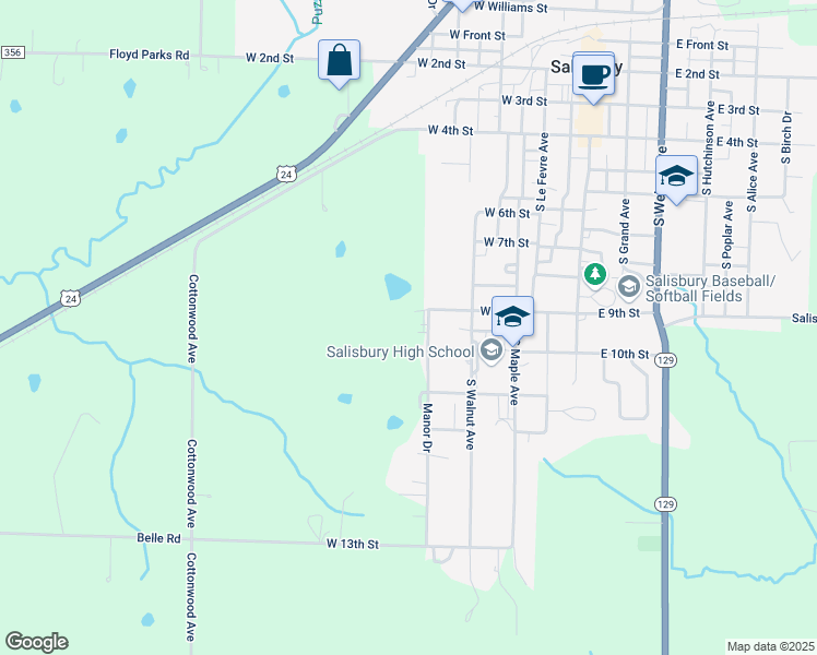 map of restaurants, bars, coffee shops, grocery stores, and more near Manor Drive in Salisbury