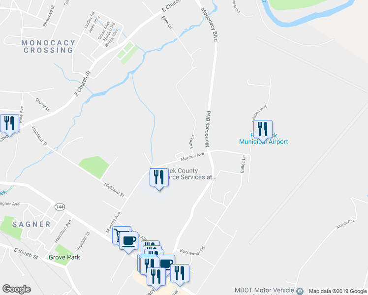 map of restaurants, bars, coffee shops, grocery stores, and more near 1317 Hughes Ford Road in Frederick