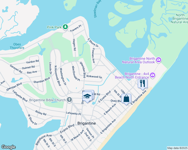 map of restaurants, bars, coffee shops, grocery stores, and more near 9 Kirkwood Circle in Brigantine