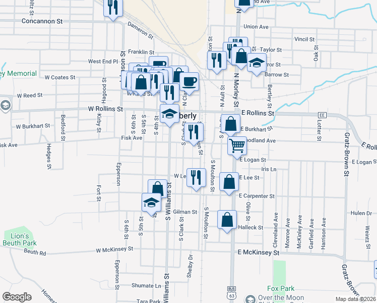 map of restaurants, bars, coffee shops, grocery stores, and more near 100-198 West Logan Street in Moberly