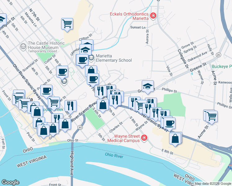 map of restaurants, bars, coffee shops, grocery stores, and more near 715 Greene Street in Marietta