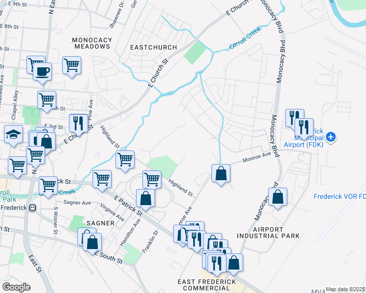 map of restaurants, bars, coffee shops, grocery stores, and more near 540 Highland Street in Frederick