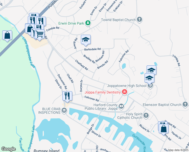 map of restaurants, bars, coffee shops, grocery stores, and more near 303 Breslin Road in Joppatowne