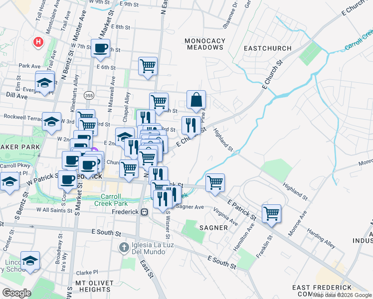 map of restaurants, bars, coffee shops, grocery stores, and more near 400 East Church Street in Frederick