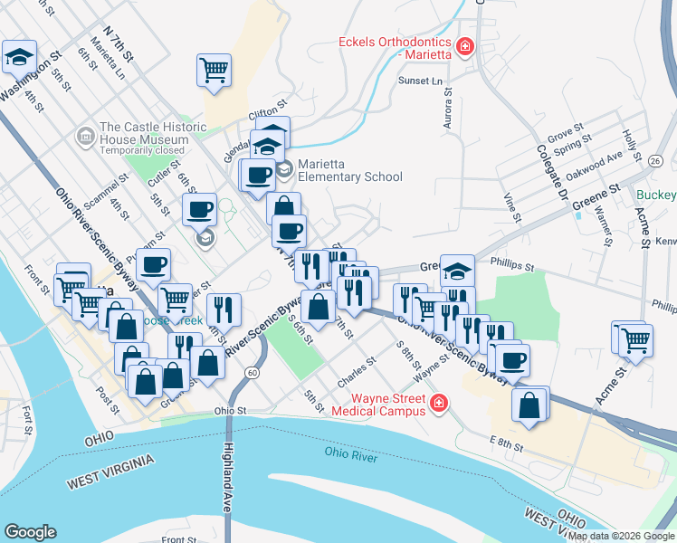 map of restaurants, bars, coffee shops, grocery stores, and more near 715 Greene Street in Marietta
