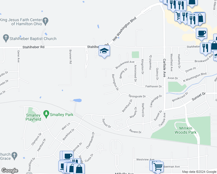 map of restaurants, bars, coffee shops, grocery stores, and more near 795 Alpine Drive in Hamilton