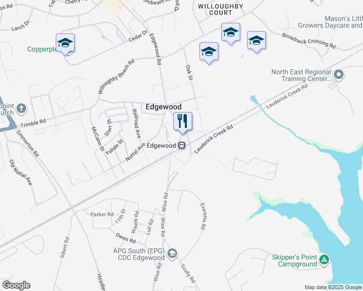 map of restaurants, bars, coffee shops, grocery stores, and more near 2127 Old Edgewood Road in Edgewood