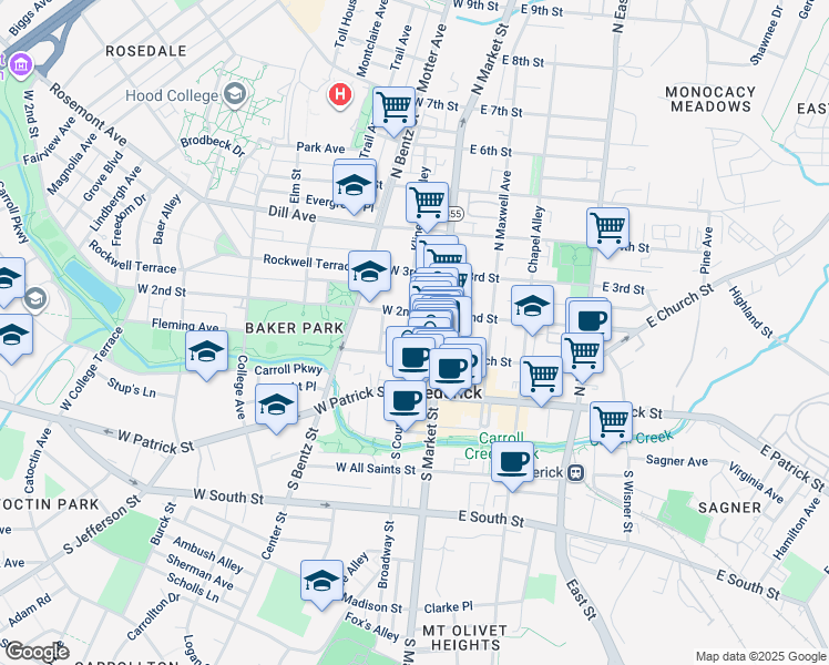 map of restaurants, bars, coffee shops, grocery stores, and more near 110 North Court Street in Frederick