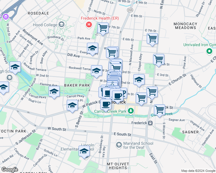map of restaurants, bars, coffee shops, grocery stores, and more near 110 North Court Street in Frederick