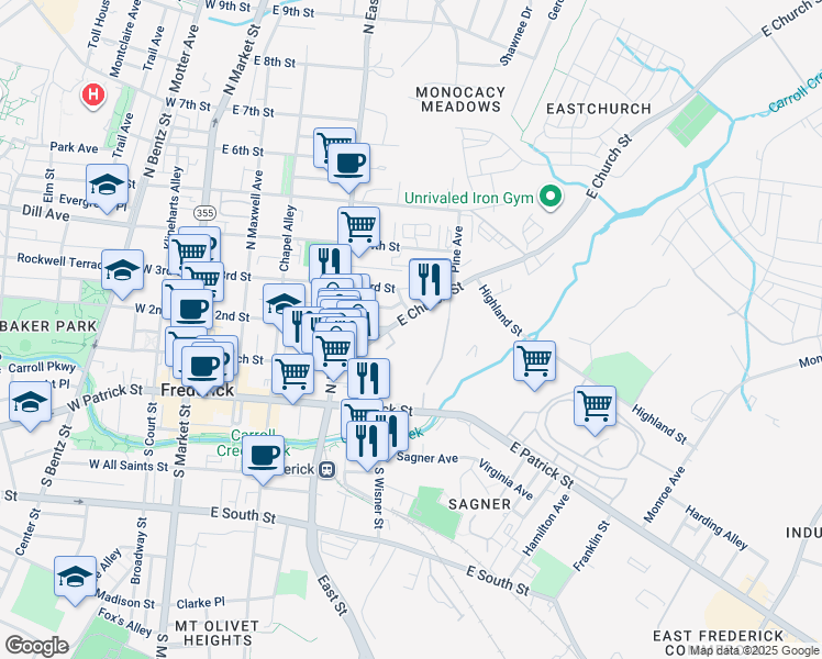 map of restaurants, bars, coffee shops, grocery stores, and more near 400 East Church Street in Frederick