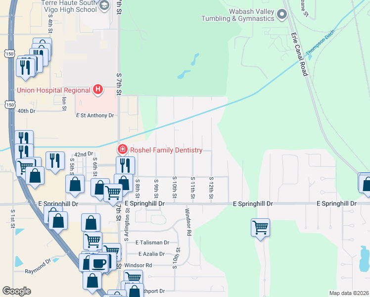 map of restaurants, bars, coffee shops, grocery stores, and more near 4301 South 11th Street in Terre Haute