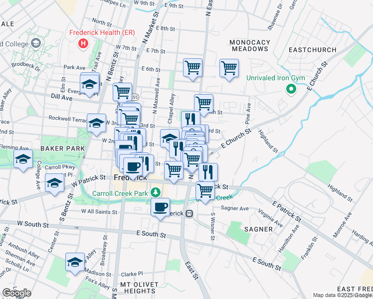 map of restaurants, bars, coffee shops, grocery stores, and more near 232 East 2nd Street in Frederick