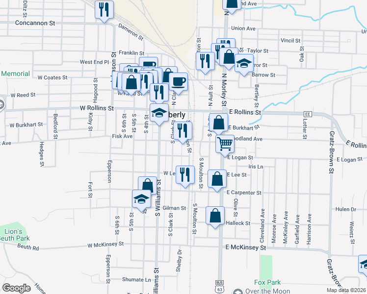 map of restaurants, bars, coffee shops, grocery stores, and more near 198 W Logan St in Moberly