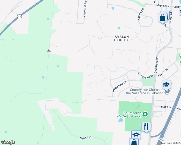 map of restaurants, bars, coffee shops, grocery stores, and more near 1223 Summerwood Drive in Lebanon