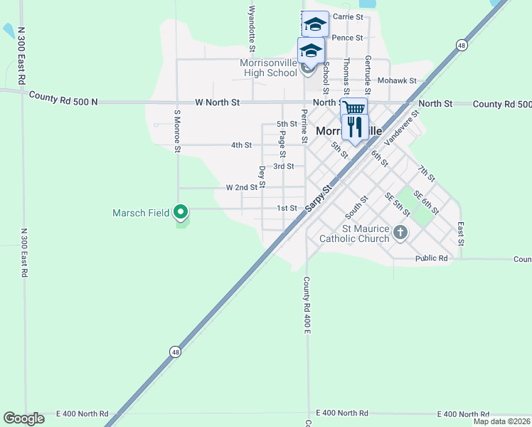 map of restaurants, bars, coffee shops, grocery stores, and more near 205 Wahl Street in Morrisonville