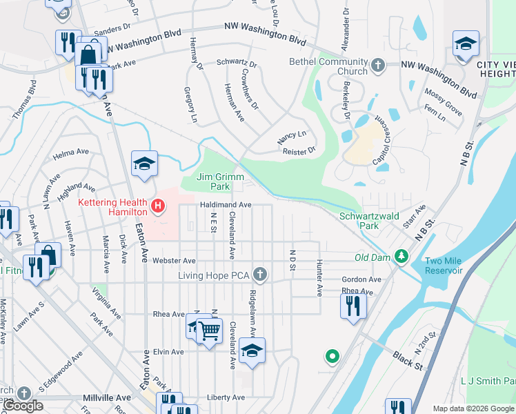 map of restaurants, bars, coffee shops, grocery stores, and more near 921 Ridgelawn Avenue in Hamilton