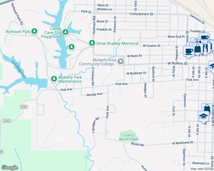 map of restaurants, bars, coffee shops, grocery stores, and more near 1206 Fisk Avenue in Moberly