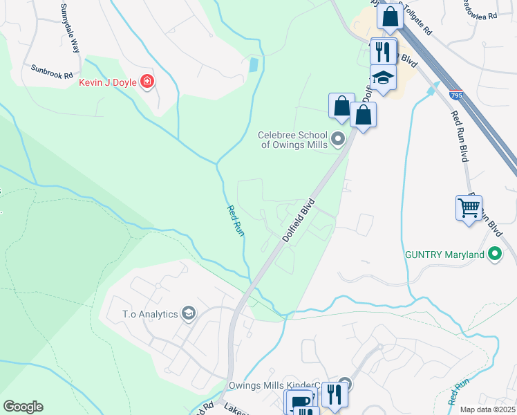 map of restaurants, bars, coffee shops, grocery stores, and more near 9755 Mill Centre Drive in Owings Mills