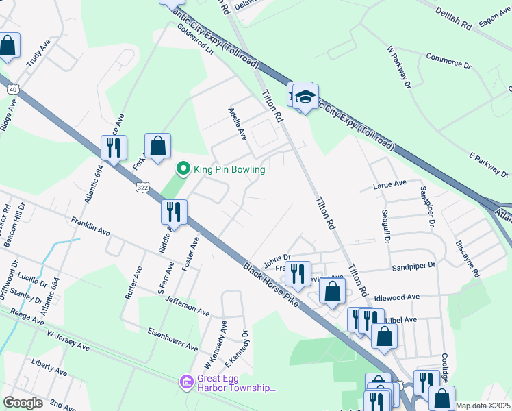 map of restaurants, bars, coffee shops, grocery stores, and more near 5 Country Cedar Lane in Egg Harbor Township