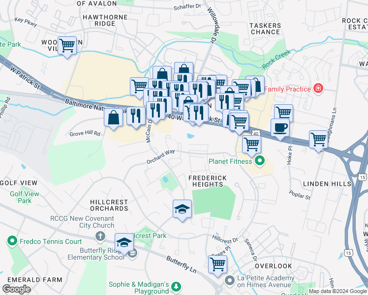 map of restaurants, bars, coffee shops, grocery stores, and more near 98 Blueridge Court in Frederick