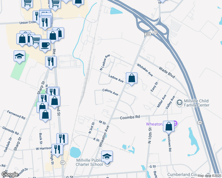 map of restaurants, bars, coffee shops, grocery stores, and more near 2 Ladow Avenue in Millville