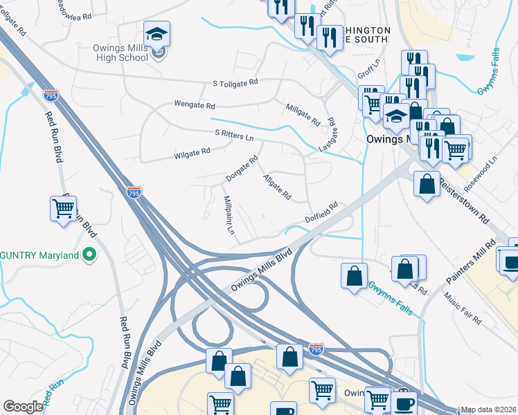 map of restaurants, bars, coffee shops, grocery stores, and more near 201 Owings Gate Court in Owings Mills
