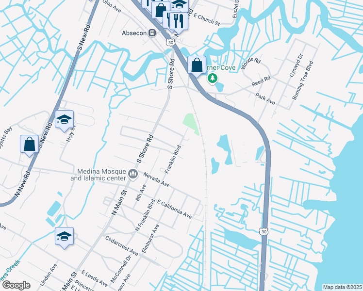 map of restaurants, bars, coffee shops, grocery stores, and more near 501 Franklin Boulevard in Absecon