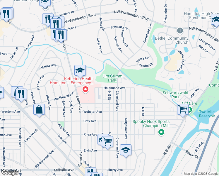 map of restaurants, bars, coffee shops, grocery stores, and more near 1413 North E Street in Hamilton
