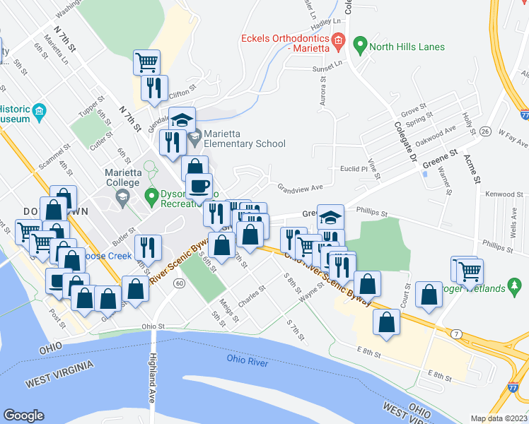 map of restaurants, bars, coffee shops, grocery stores, and more near 741 1/2 Greene Street in Marietta