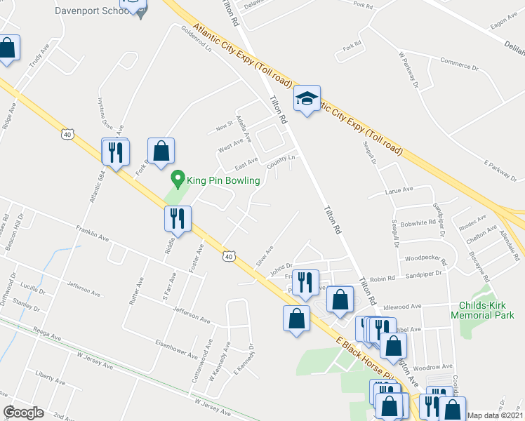 map of restaurants, bars, coffee shops, grocery stores, and more near 22 Country Birch Lane in Egg Harbor Township