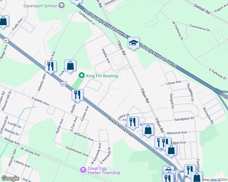 map of restaurants, bars, coffee shops, grocery stores, and more near 3 Country Spruce Lane in Egg Harbor Township