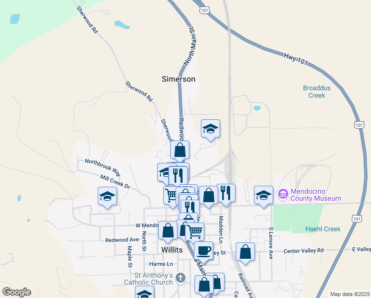 map of restaurants, bars, coffee shops, grocery stores, and more near 299 North Main Street in Willits