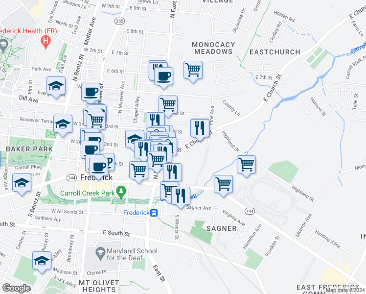 map of restaurants, bars, coffee shops, grocery stores, and more near 491 East Church Street in Frederick